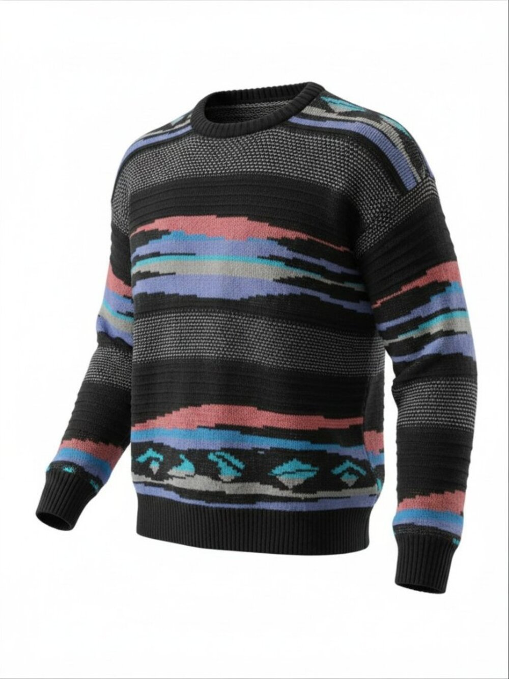 Men's Vintage Michael Gerald Black Crewneck Sweater with Multicolor Stripes
